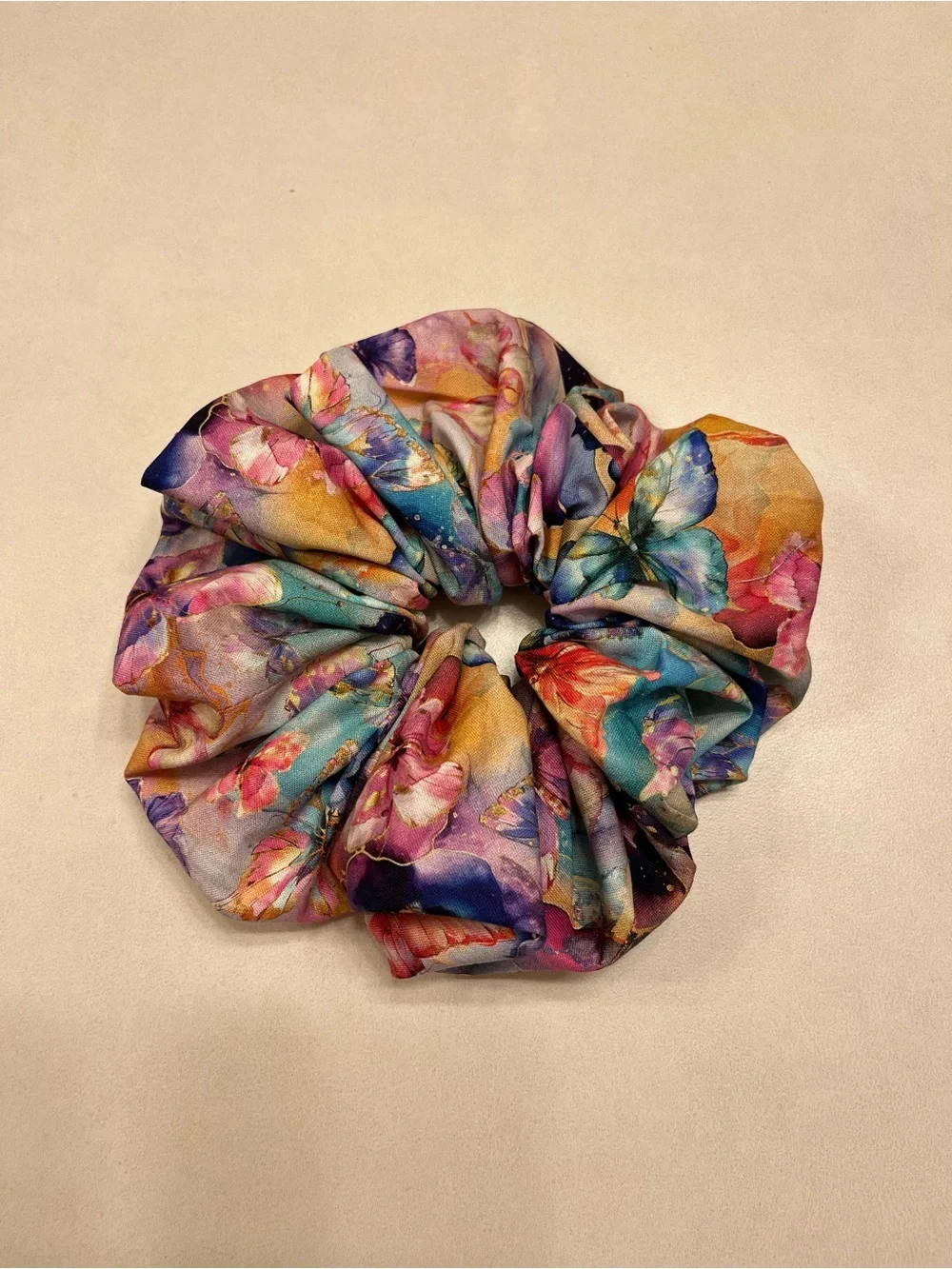 Handmade Watercolor  butterfly floral pink orange blue teal purple scrunchies
